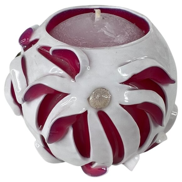 Handcrafted White & Pink Ribbon Candle Sculpted Floral Design Round 3.5” Tall - Picture 4 of 7